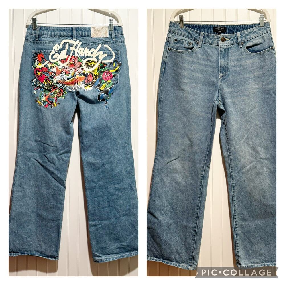 Vintage Ed Hardy Baggy Jeans Tattoo Big Print 90s Y2K Size 30